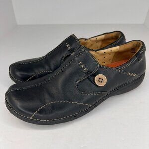 Clarks Unstructured Womens Black Leather Slip On UnLoop Low Top Size 9M Loafers